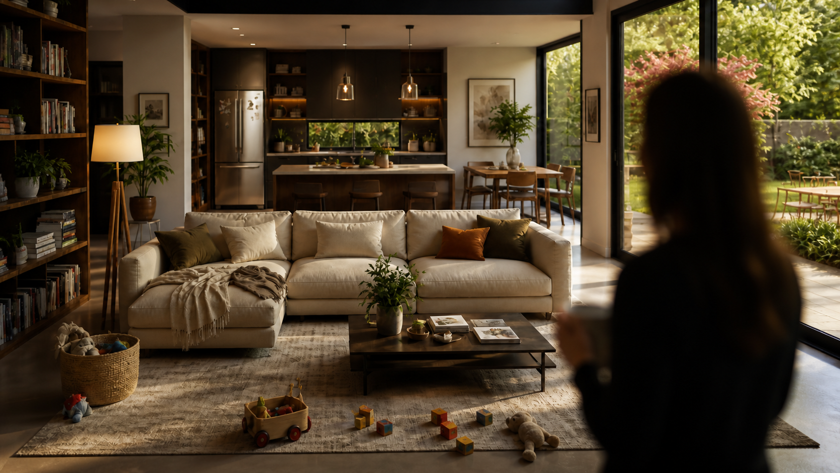 A warm, lived-in family living room with a large sectional couch, bookshelves, kitchen island, and garden doors leading to a sunlit yard. A parent stands in the foreground holding their phone.